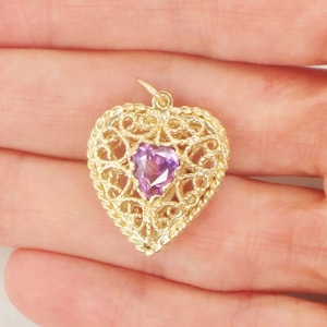 Vintage 14k Yellow Gold Purple Sapphire Filigree Heart Pendant, Puffy Heart Charm