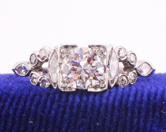 Vintage Art Deco Platinum Diamond Engagement Ring: Old European Cut, 1 CT, Size 8