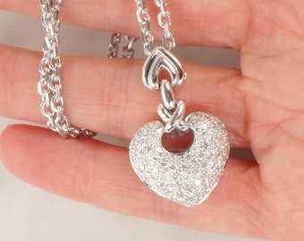 Vintage 18k White Gold Natural Diamond Heart Pendant Over 1 CT Pave Diamond Necklace 16"