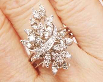 Vintage 14k White Gold Diamond Floral Ring: 1 CT TDW Cocktail Ring, Size 6.75
