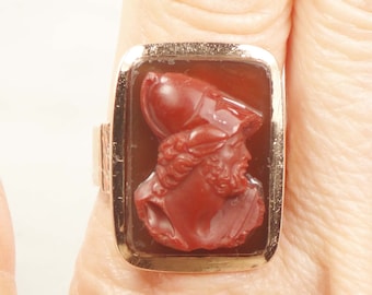 Vintage 14k Rose Gold Carnelian Cameo Ring Antique Large Carved Hardstone Cameo Ring - Victorian Men's Ring - Roman Soldier Cameo - Size 8