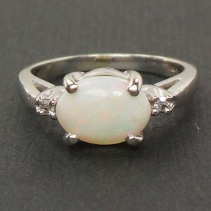 Vintage 14k White Gold Natural Opal and Diamond Ring Sideways Opal Ring Size 5 image 2