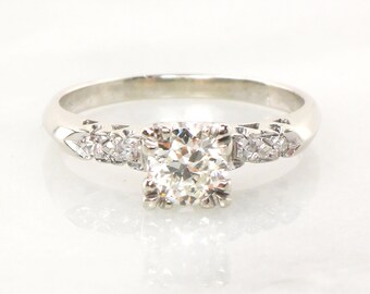 Vintage 14k White Gold Transitional European Cut Diamond Engagement Ring, Size 8