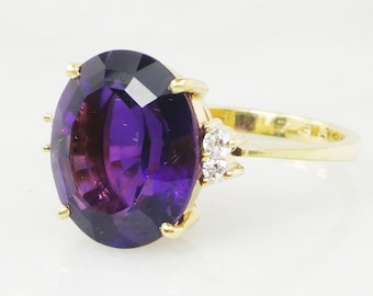 Vintage 18k Yellow Gold Amethyst Ring with Diamonds Purple Stone February Birthstone Ring Natural Amethyst Ring