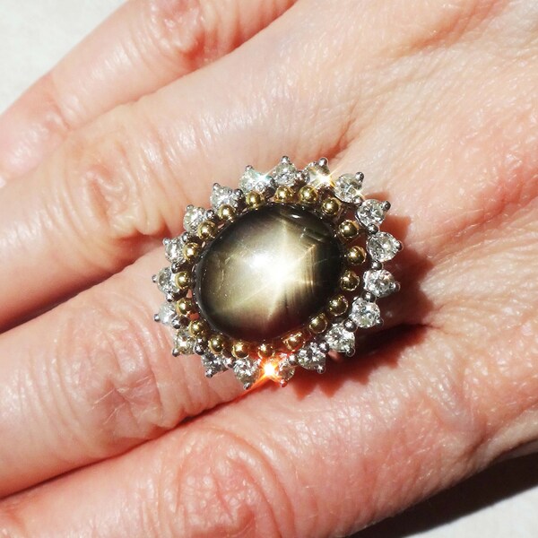 Vintage Black Star Sapphire Ring: Diamond Halo, 14k Two-Tone Gold, Size 5.25