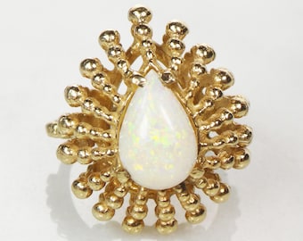 Vintage 14k Yellow Gold Opal Ring: Pear Cabochon Statement Ring