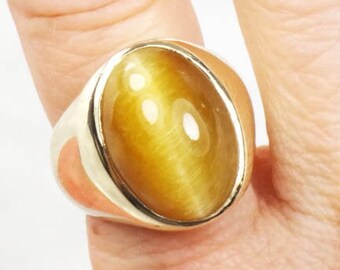 Vintage 14k Yellow Gold Large Tiger Eye Ring Natural Tiger Eye Stone Ring Unisex Men's Pinky Ring Size 6