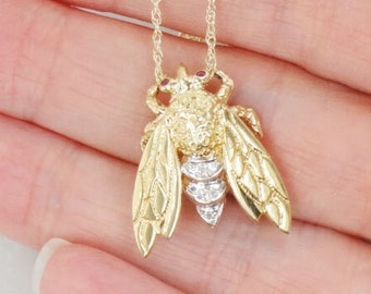 Vintage 14k Gold Natural Diamond Bee Pendant with Ruby Eyes Bumble Bee Pin - Chain Not Included