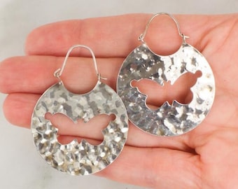 Vintage Large Sterling Silver Hammered Disc Earrings, Butterfly Earrings, Statement Earrings, Hammered Silver Dangle Earrings