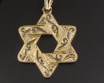 Vintage Large 14k Yellow Gold Jewish Star Pendant - Men's Unisex Double Sided Star of David Charm