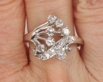 Vintage 14k White Gold Diamond Spray Ring - Retro Cocktail Ring Size 7