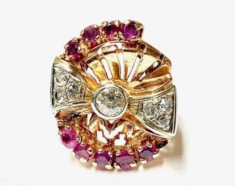 Vintage 14k Rose Gold Diamond & Ruby Bow Ring - 1940s Retro Statement Ring