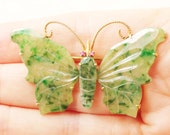 Vintage 14k Gold Jade Butterfly Pin Carved Green Jade Pin Hand Carved Green Jadeite Pin 14k Gold Pin Green Jade Pin Chinese Jade