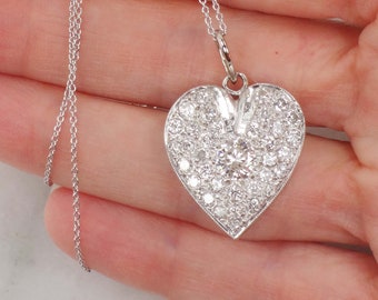 Vintage 14k White Gold Natural Diamond Heart Necklace Pave Over 2 CTS Diamond Heart Pendant Bridal Necklace 18"