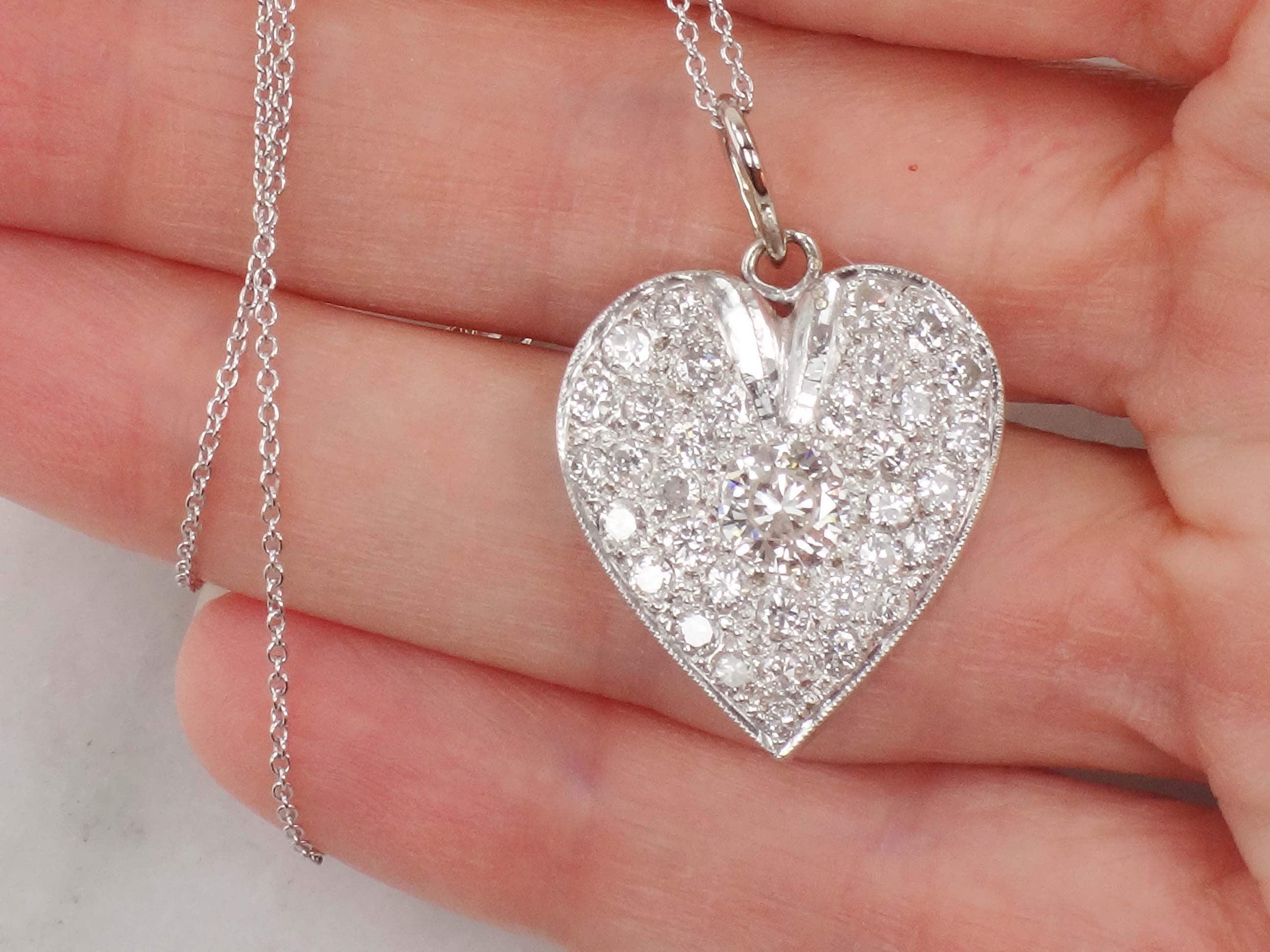 Vintage 14k White Gold Natural Diamond Heart Necklace Pave Over 2 CTS Diamond  Heart Pendant Bridal Necklace 18 - Etsy