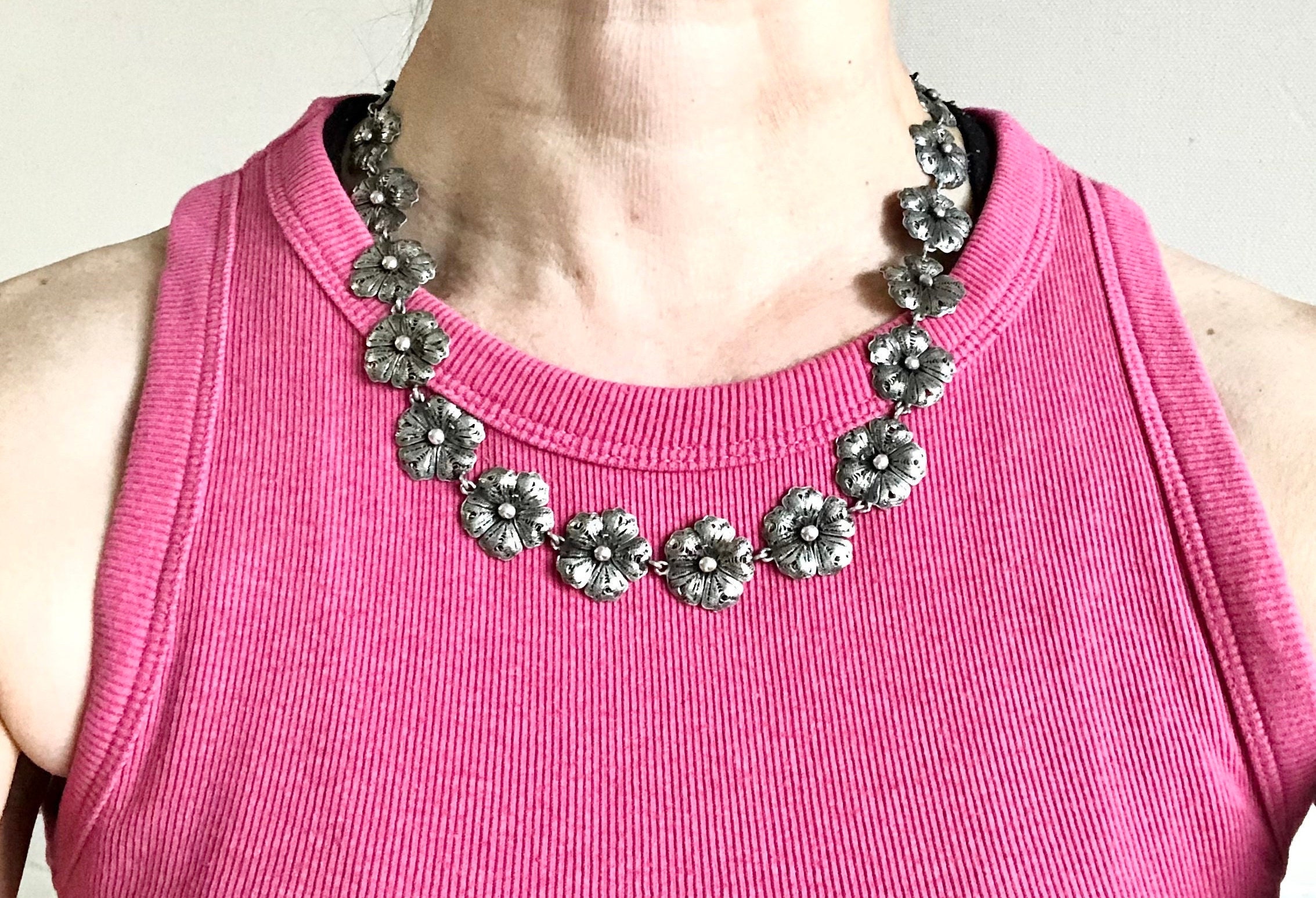Vintage Sterling Silver Flower Necklace 19.5