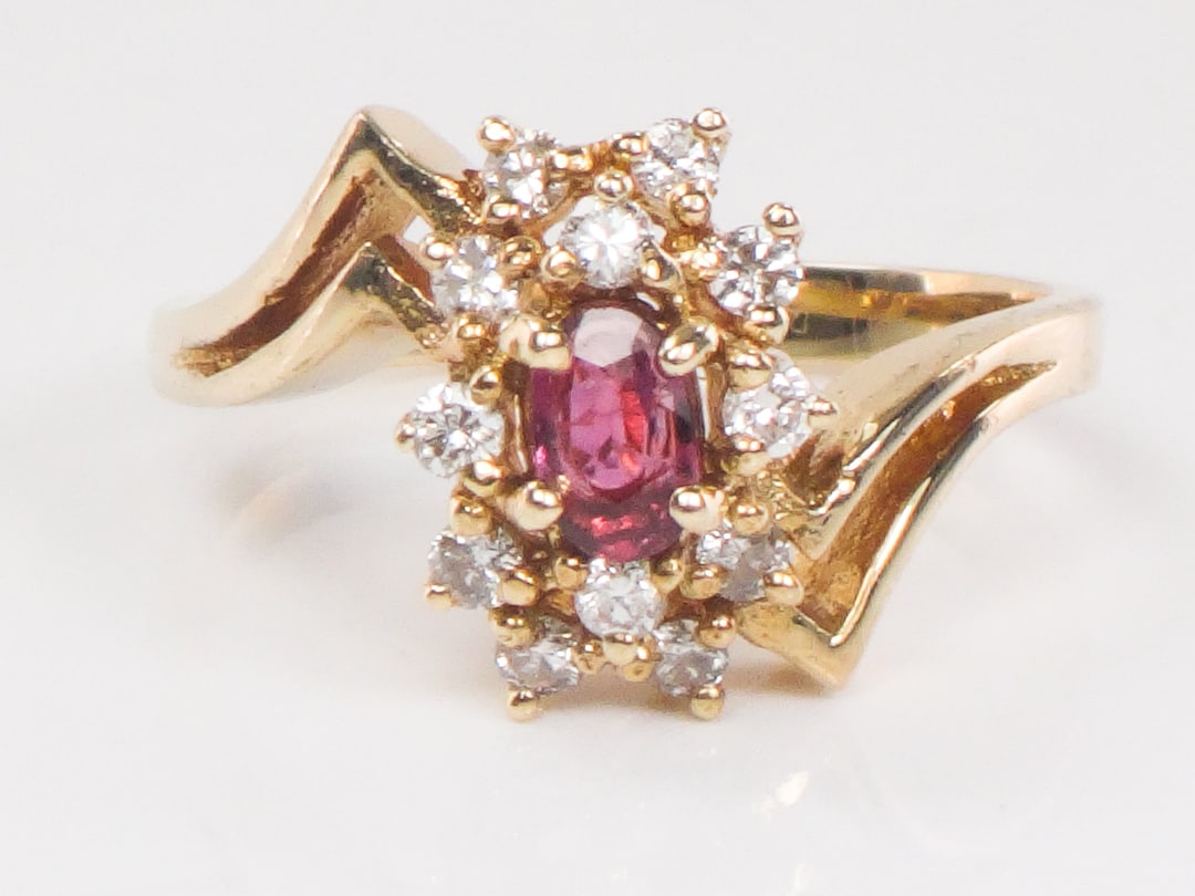 Vintage 14k Yellow Gold Ruby and Diamond Cluster Ring - July Birthstone ...