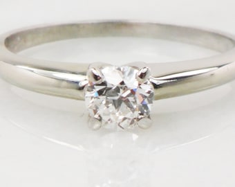 Vintage 18k White Gold Diamond Engagement Ring: .35 Carat Old European Cut