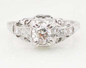 Antique  Old European Cut Natural Diamond Engagement Ring Approx. .55 Carats - Art Deco 14k White Gold Ring