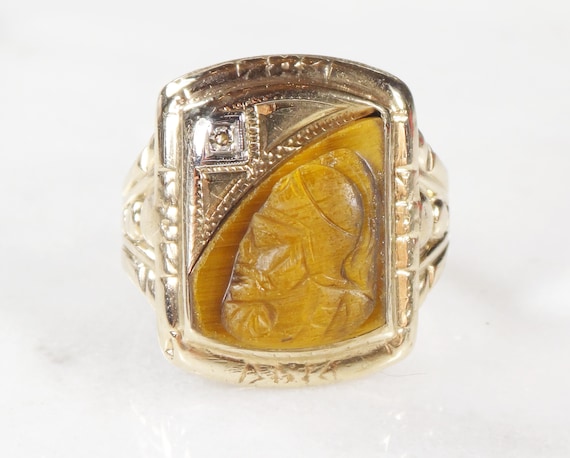 Vintage 10k Gold Carved Tiger Eye Intaglio Ring With Diamond