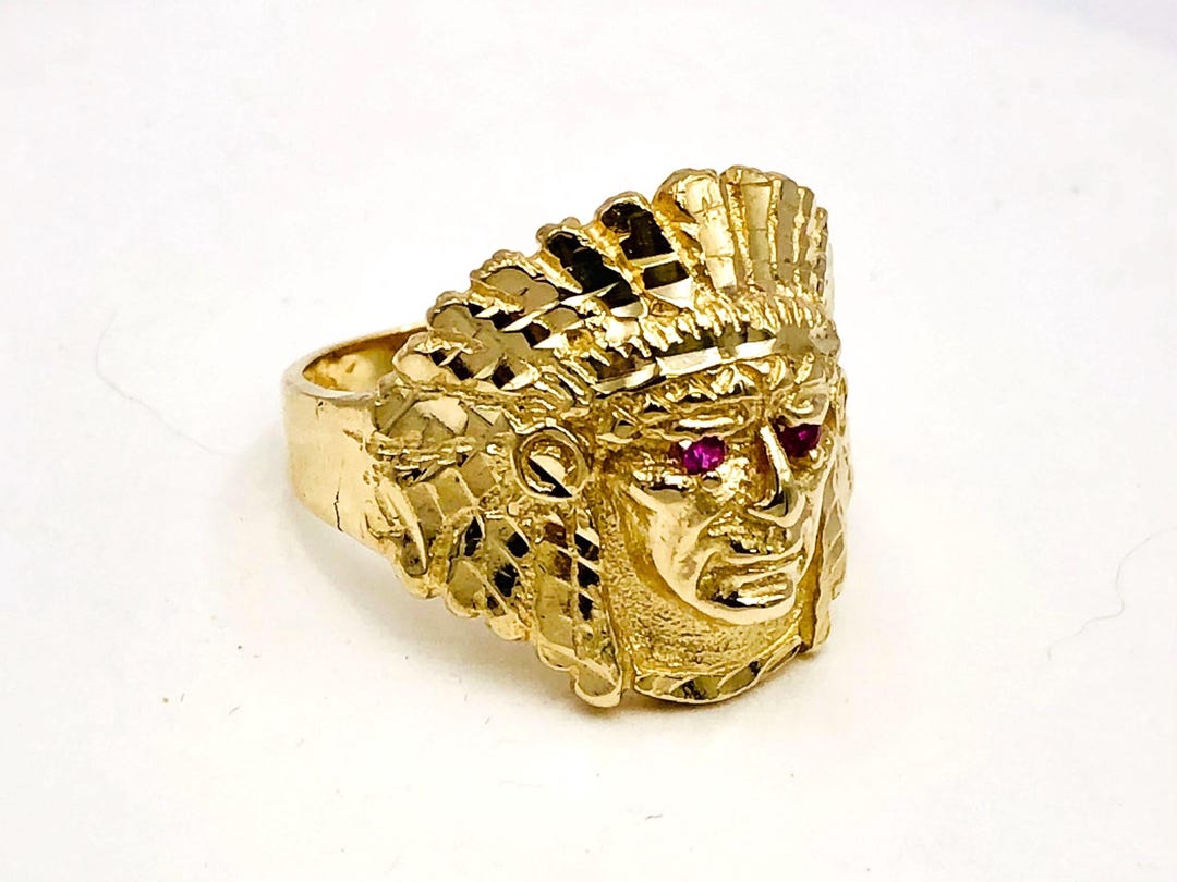 Vintage 14k Yellow Gold Indian Chief Head Ring With Ruby Eyes, Men's ...
