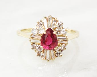 Vintage 14k Yellow Gold Ruby Diamond Ring: Ballerina Style