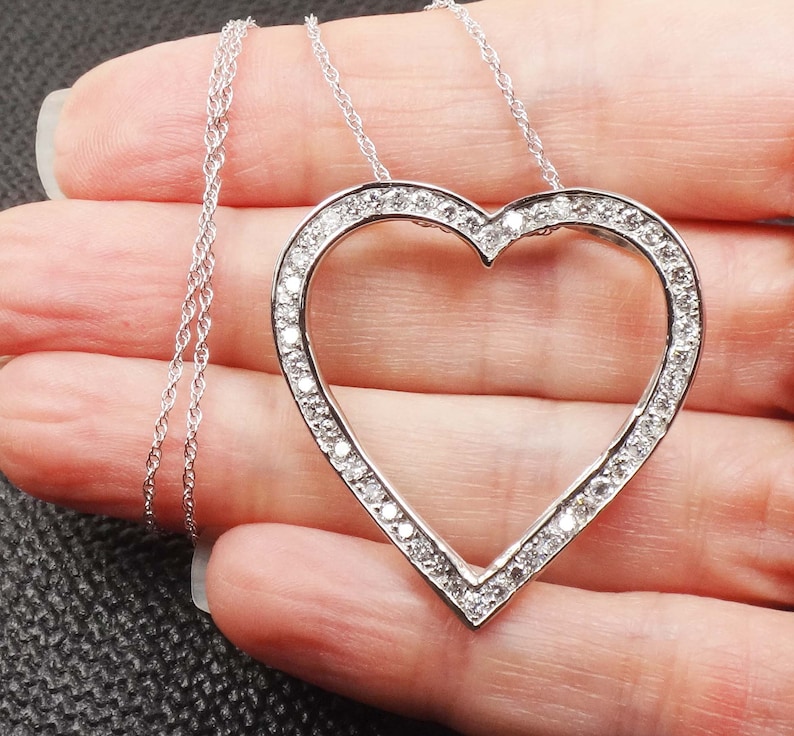 Vintage Large 14k Diamond Heart Necklace White Gold Open Heart Etsy