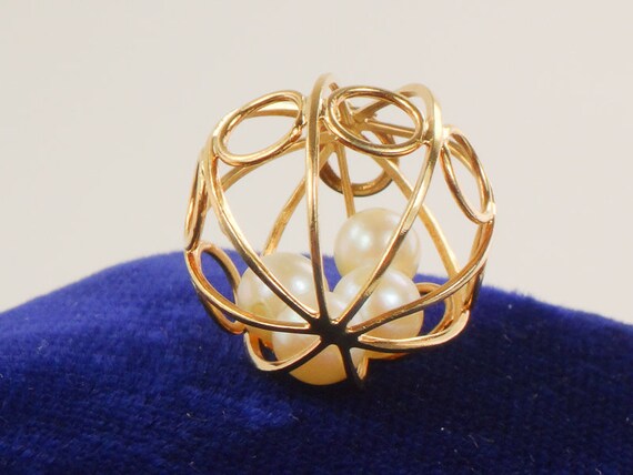 Vintage 18k Yellow Gold Cultured Pearl Ball Cage … - image 3