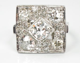 Vintage Art Deco Platinum Old Mine Cut Diamond Cocktail Ring, Size 6