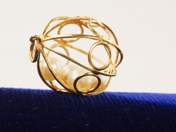 Vintage 18k Yellow Gold Cultured Pearl Ball Cage … - image 6
