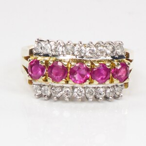 May include: A gold and silver ring with five pink rubies and a row of diamonds on each side.