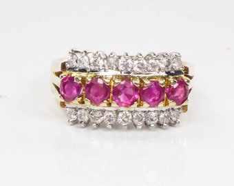 Vintage 14k Two Tone Gold Natural Ruby & Diamond Ring Wide Retro Style Band July Birthstone Approx. 1/2 CT Diamonds