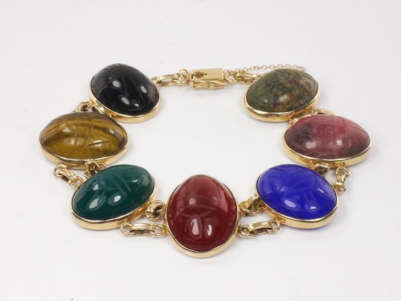 Vintage 14k Large Scarab Bracelet with Double Lin… - image 1