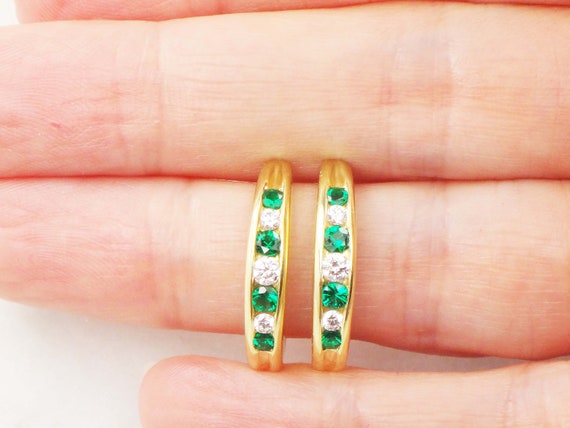 Vintage 18k Diamond Earrings Diamond and Green Sto