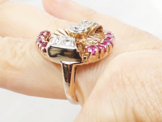 Vintage Rose Gold Natural Diamond and Ruby Ring 1… - image 7