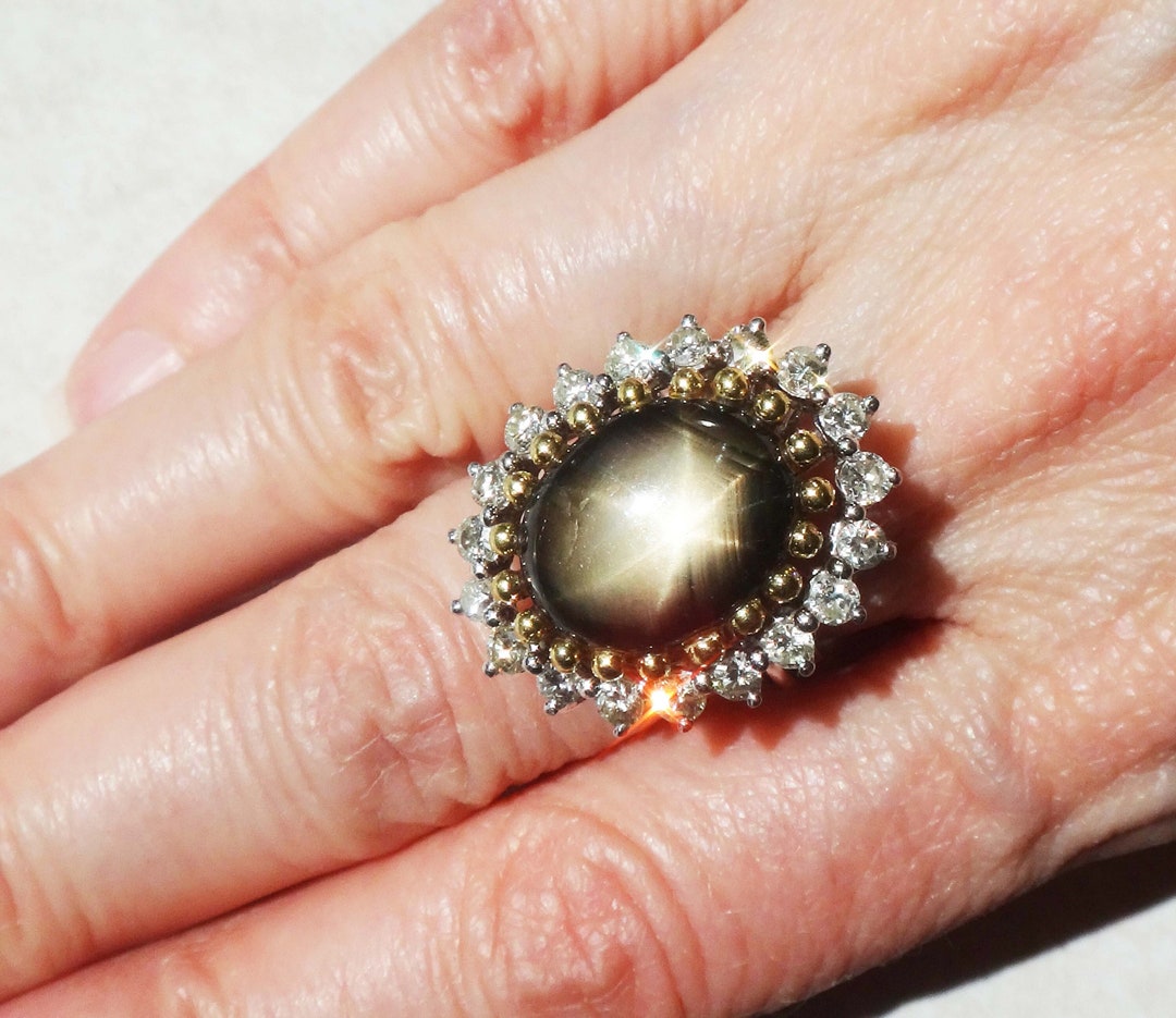 Vintage 13 CT Natural Black Star Sapphire Ring With Diamond Halo 14k Two Tone Gold Ring Size 5.25 Etsy