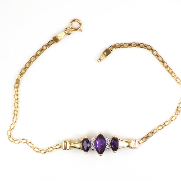 Vintage 14k Yellow Gold Marquise Cut Amethyst and Diamond Bracelet - Purple February Birthstone Bracelet