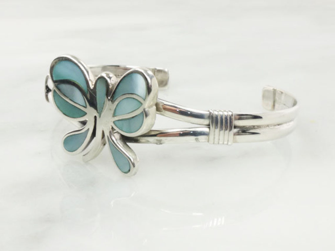 Vintage Sterling Silver Butterfly Cuff Bracelet Blue Mother Etsy