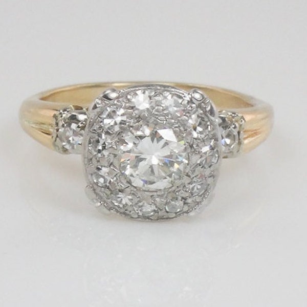 Vintage 14k Gold Natural Diamond Halo Engagement Ring - Approx 1 Carat TDW Diamond Cluster Ring - Size 5.75