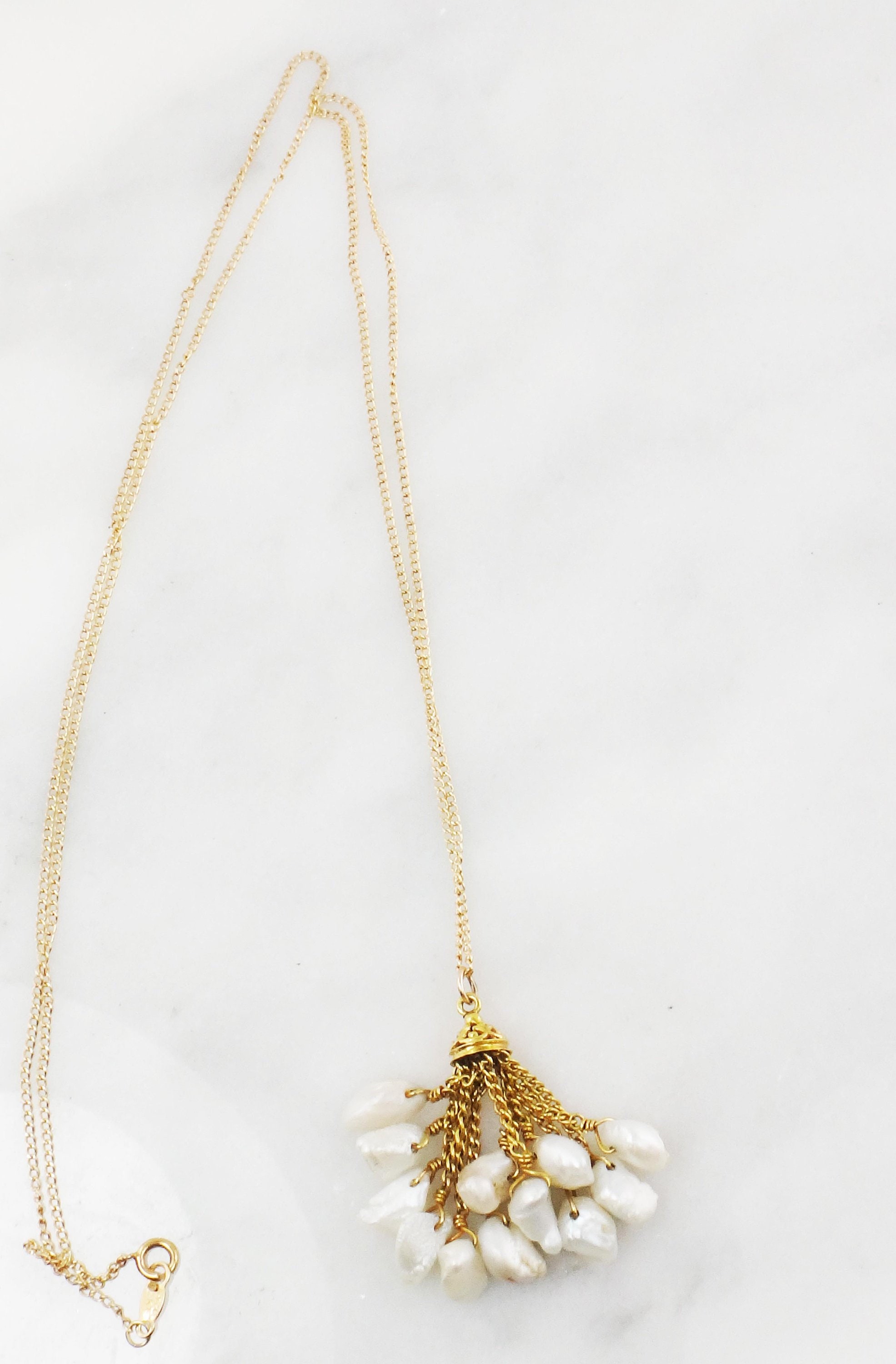 Vintage 14k Gold Pearl Tassel Necklace 