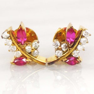 Vintage 14k Yellow Gold Ruby Diamond Floral Stud Earrings