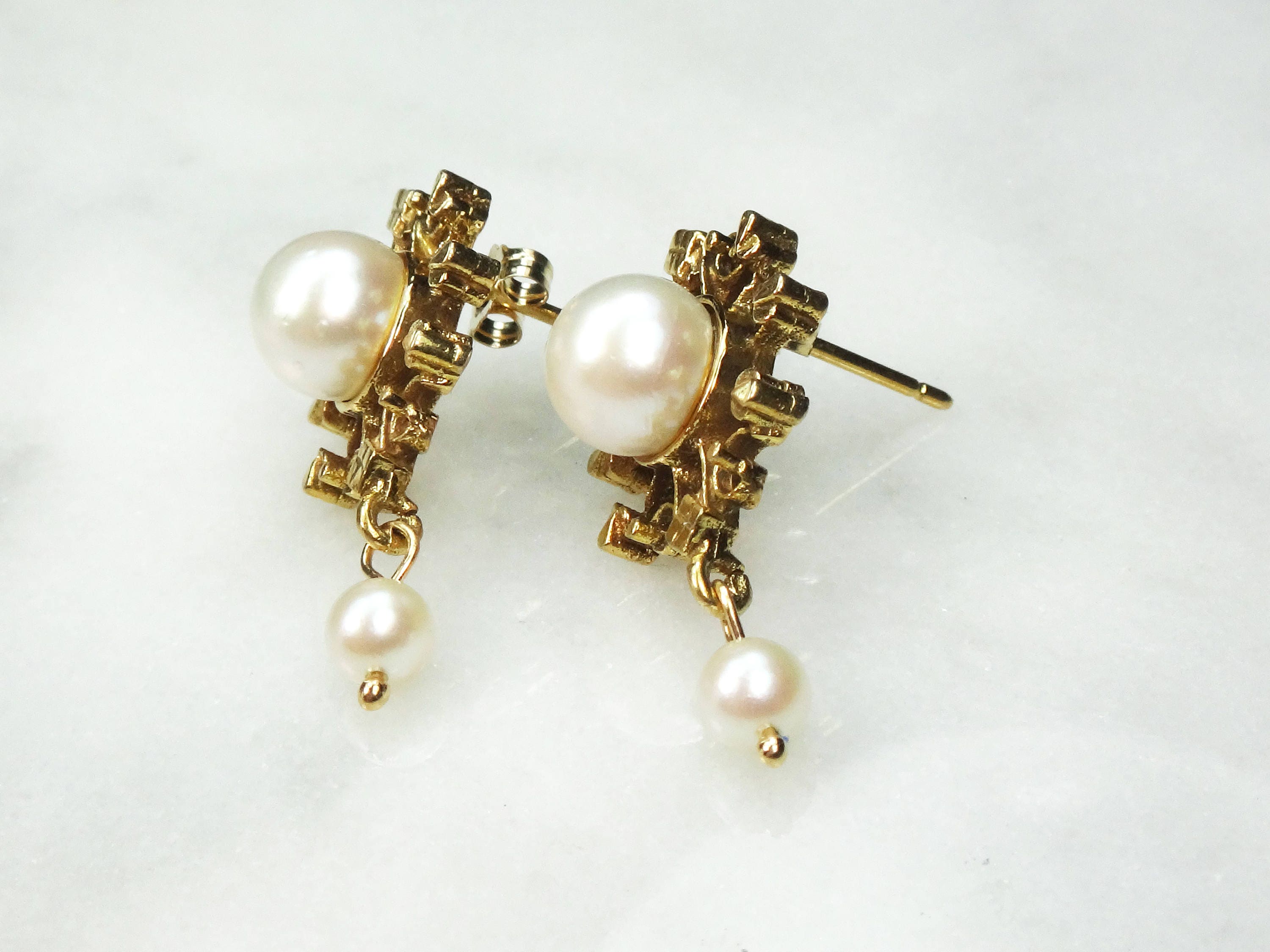 Vintage 14k Yellow Gold Cultured Pearl Dangle Earrings Bridal - Etsy UK