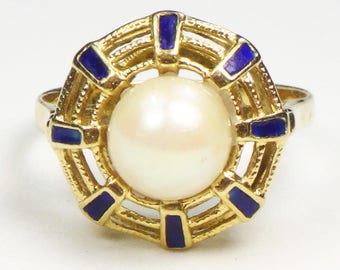 18k Yellow Gold Cultured Pearl and Blue Enamel Ring June Birthstone Ring