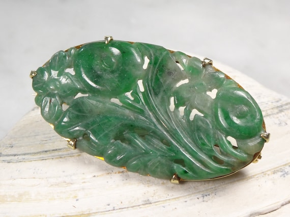 Antique 14k Gold Carved Jade Floral Pin Brooch - image 1