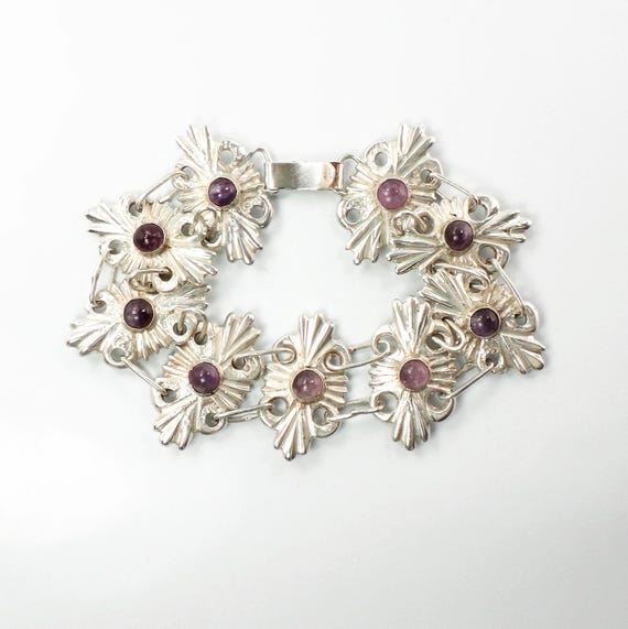 Vintage Mexico Silver Amethyst Bracelet: Ornate Handmade Panel