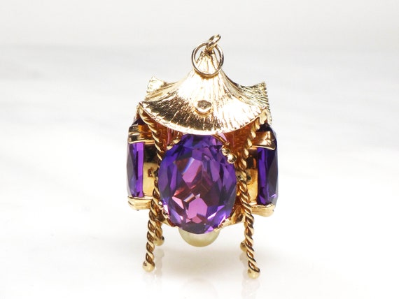 Vintage Large Gold Charm Pendant 14k Purple Sapph… - image 5