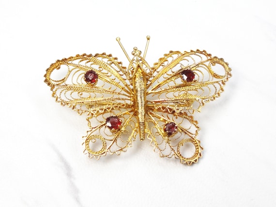 Vintage 14k Gold Butterfly Pin Gold Filigree Pin … - image 1