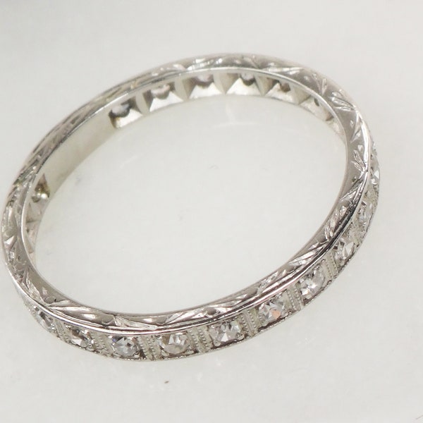 Vintage Platinum Diamond Eternity Wedding Band Engraved Natural Diamond Wedding Ring Size 7