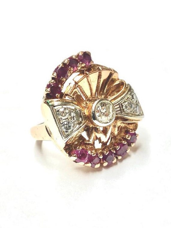 Vintage Rose Gold Natural Diamond and Ruby Ring 1… - image 3