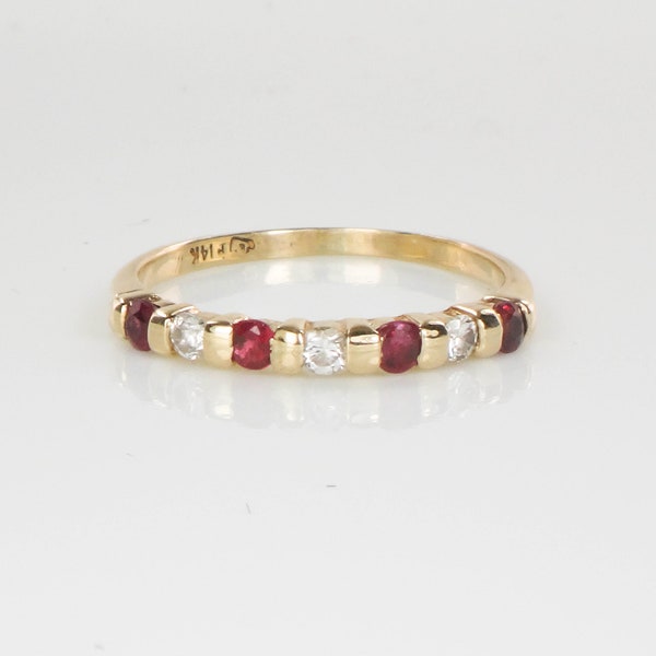 Vintage Thin 14k Yellow Gold Natural Ruby and Diamond Wedding Band, Stacking Ring, Size 7
